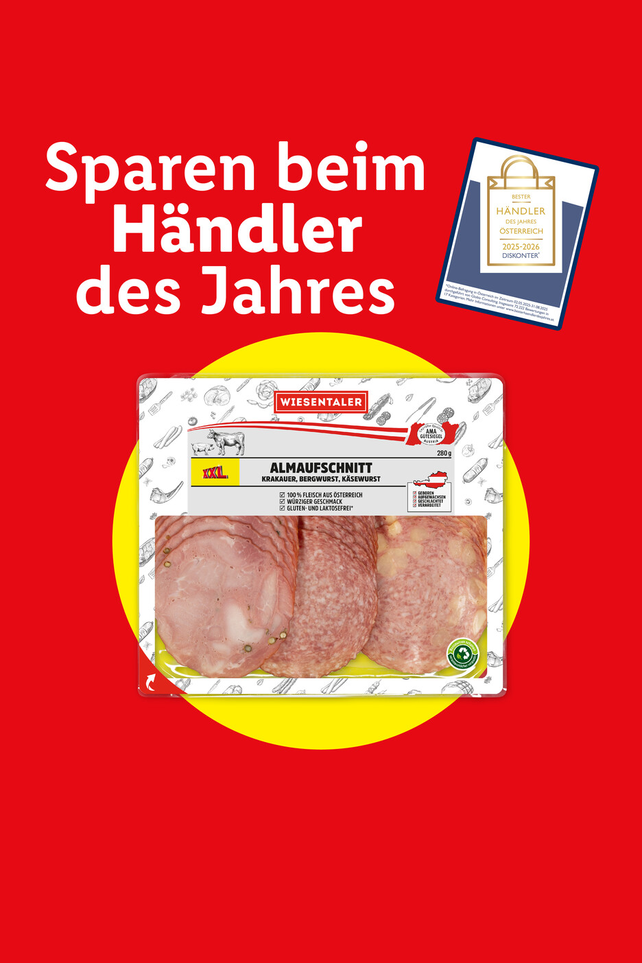 Wiesentaler Aufschnitt mit Krakauer, Bergwurst und Käsewurst, beworben mit dem Titel „Bester Händler des Jahres Österreich 2025-2026 Diskonter“.
