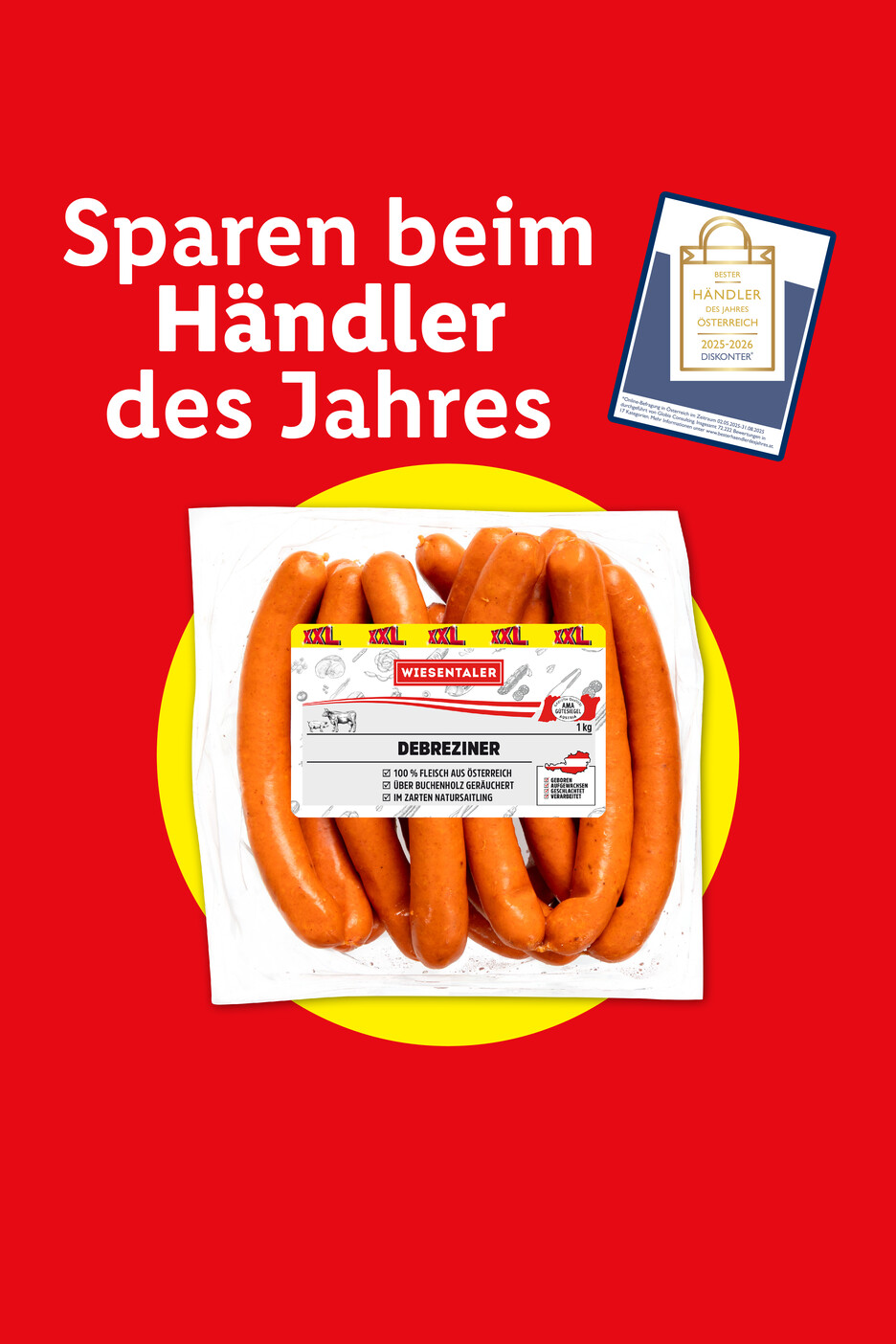 Verpackte Debreziner-Würste mit dem Text „Sparen beim Händler des Jahres“ und einem „Bester Händler Österreich 2025-2026“ Siegel.