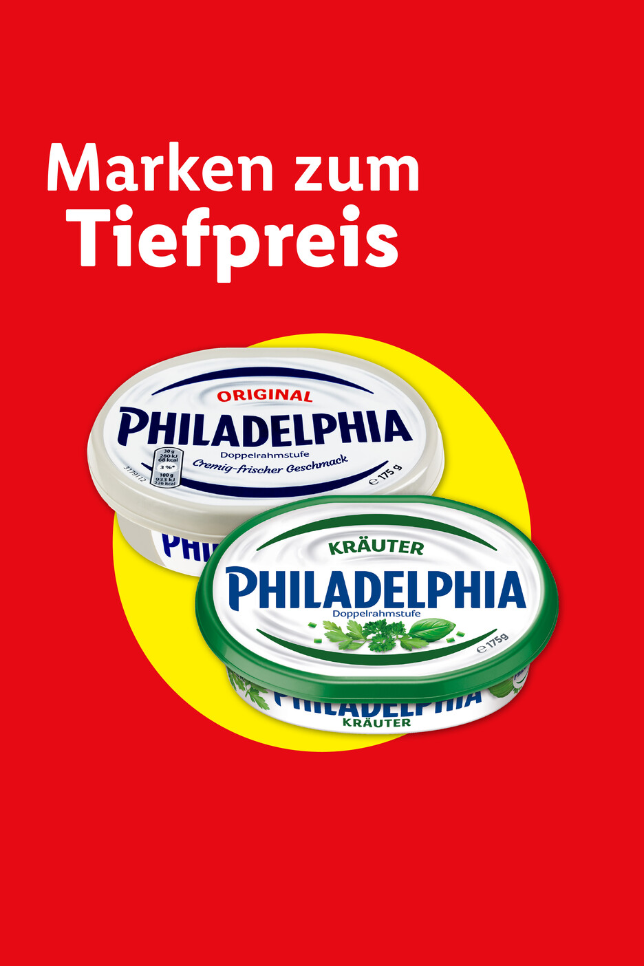 Philadelphia Frischkäse in den Sorten Original und Kräuter zu Tiefpreisen.