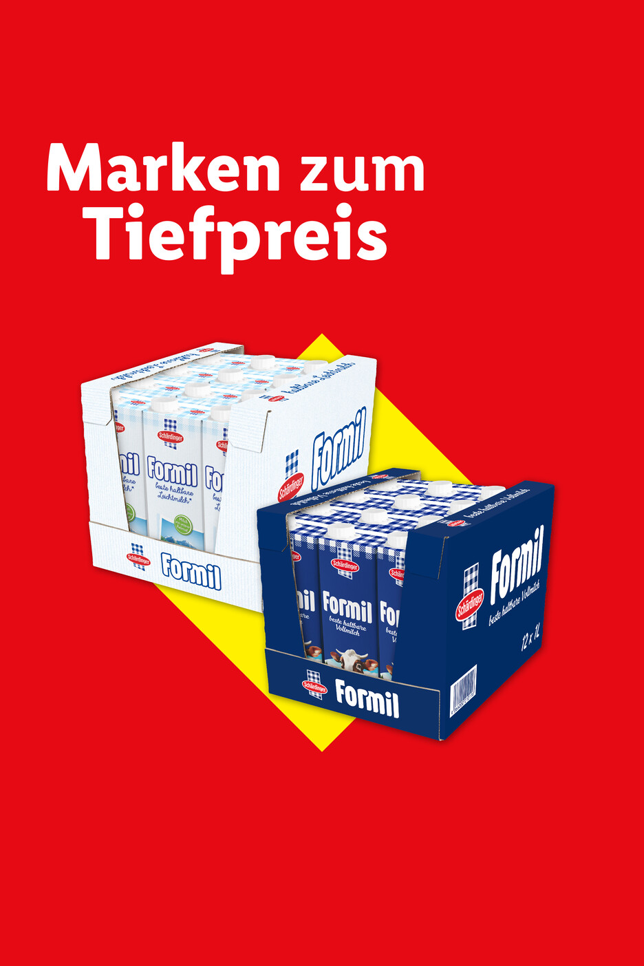 Schärdinger Formil Milchpackungen in Weiß und Blau mit dem Text „Marken zum Tiefpreis“.