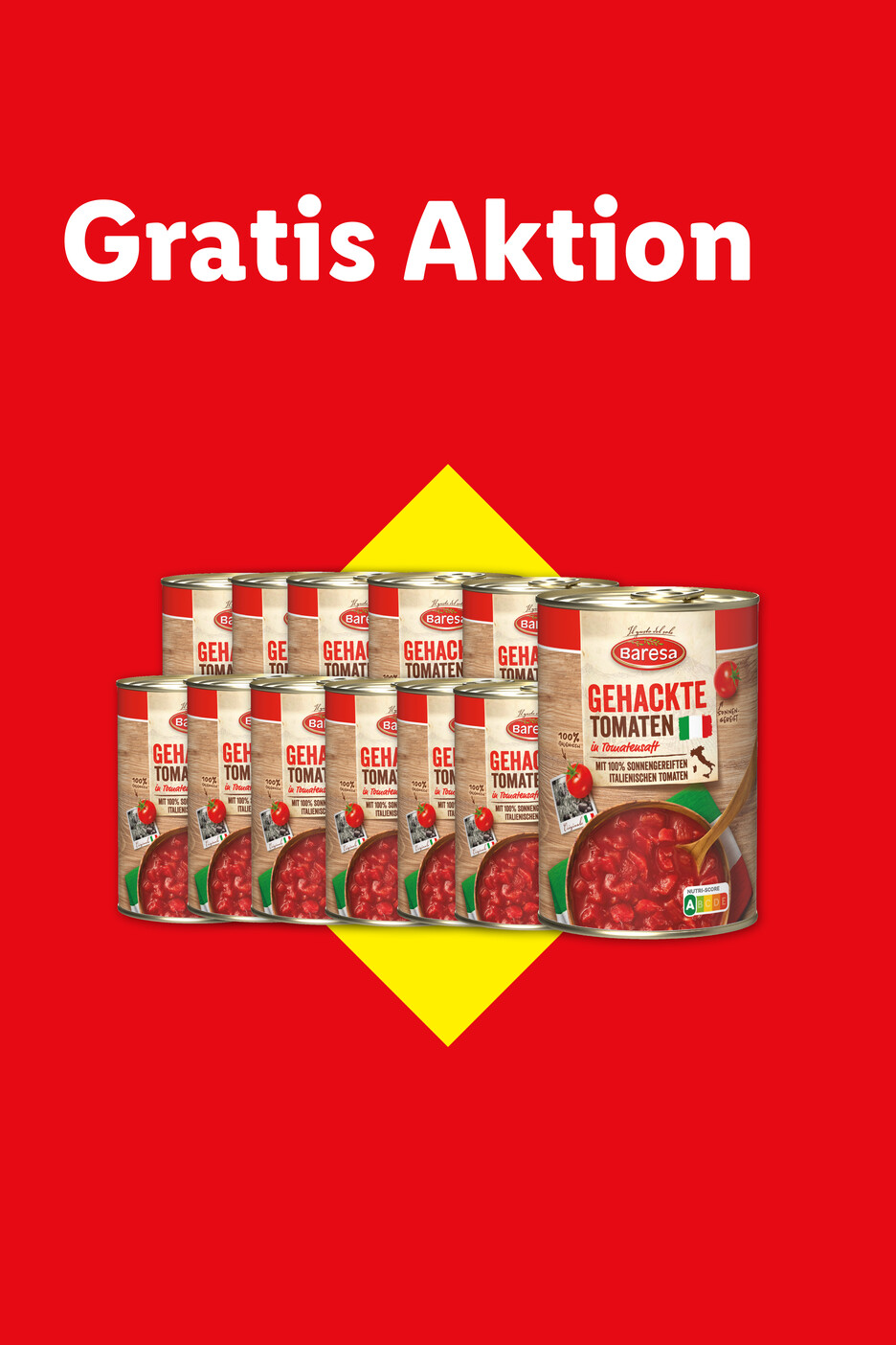 Gratis Aktion für gehackte Tomaten in Dosen, auf rotem Hintergrund mit gelbem Akzent.