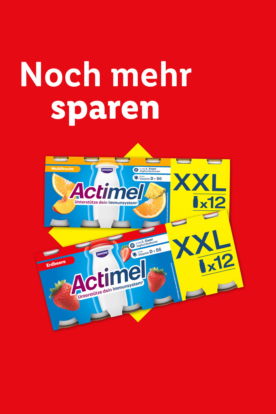 Zwei Packungen probiotischer Joghurtdrinks in den Geschmacksrichtungen Multifrucht und Erdbeere, mit dem Text „Noch mehr sparen“.