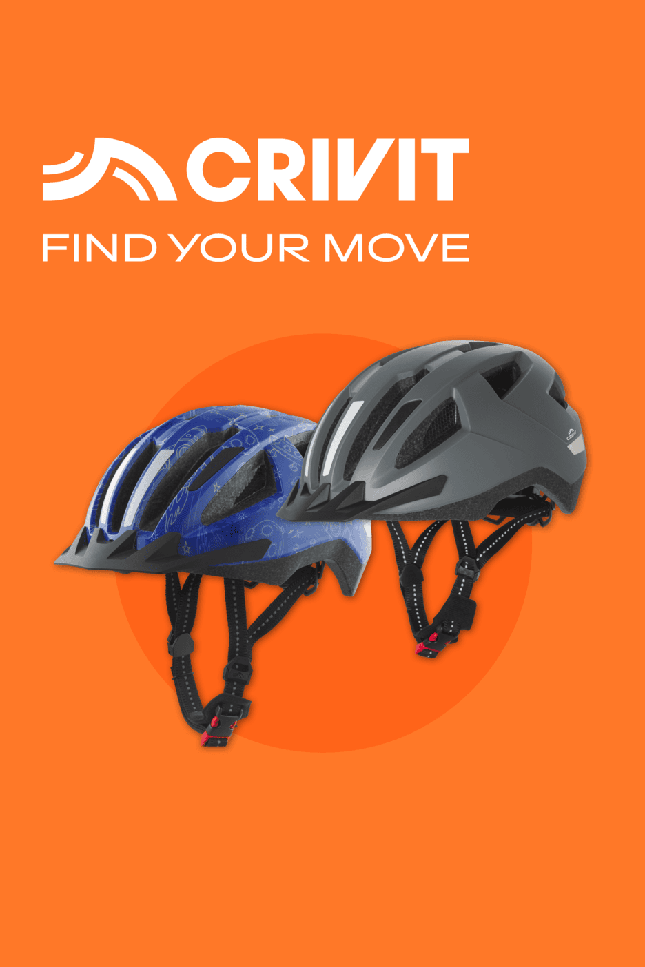 Zwei Fahrradhelme, einer blau gemustert und einer grau, vor orangefarbenem Hintergrund mit dem Text „FIND YOUR MOVE“.