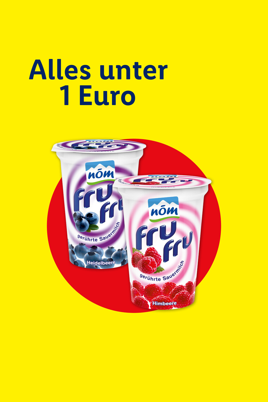 Zwei Becher Nöm Fru Fru gerührte Sauermilch: Heidelbeere und Himbeere, auf rotem Kreis vor gelbem Hintergrund.