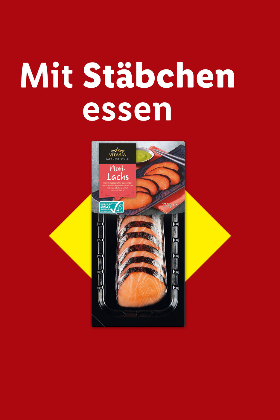 Nori-Lachs-Filet mit Wasabi-Sauce in einer Verpackung, mit dem Text „Mit Stäbchen essen“.
