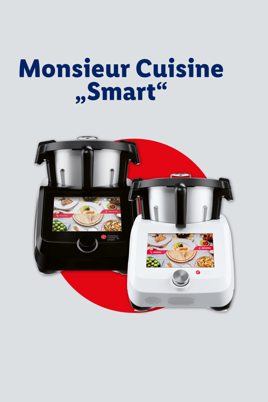 Zwei smarte Küchenmaschinen, eine schwarze und eine weiße, mit der Aufschrift „Monsieur Cuisine „Smart“.