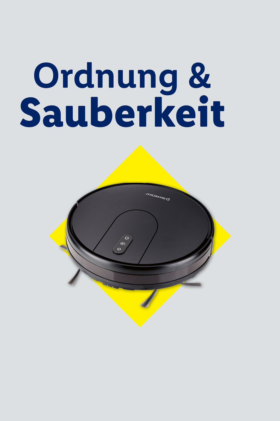 Schwarzer Saugroboter auf gelbem Quadrat mit Text „Ordnung & Sauberkeit“.