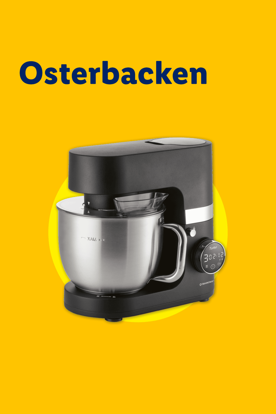 Küchenmaschine mit Rührschüssel und Display auf gelbem Hintergrund mit dem Text 'Osterbacken'.