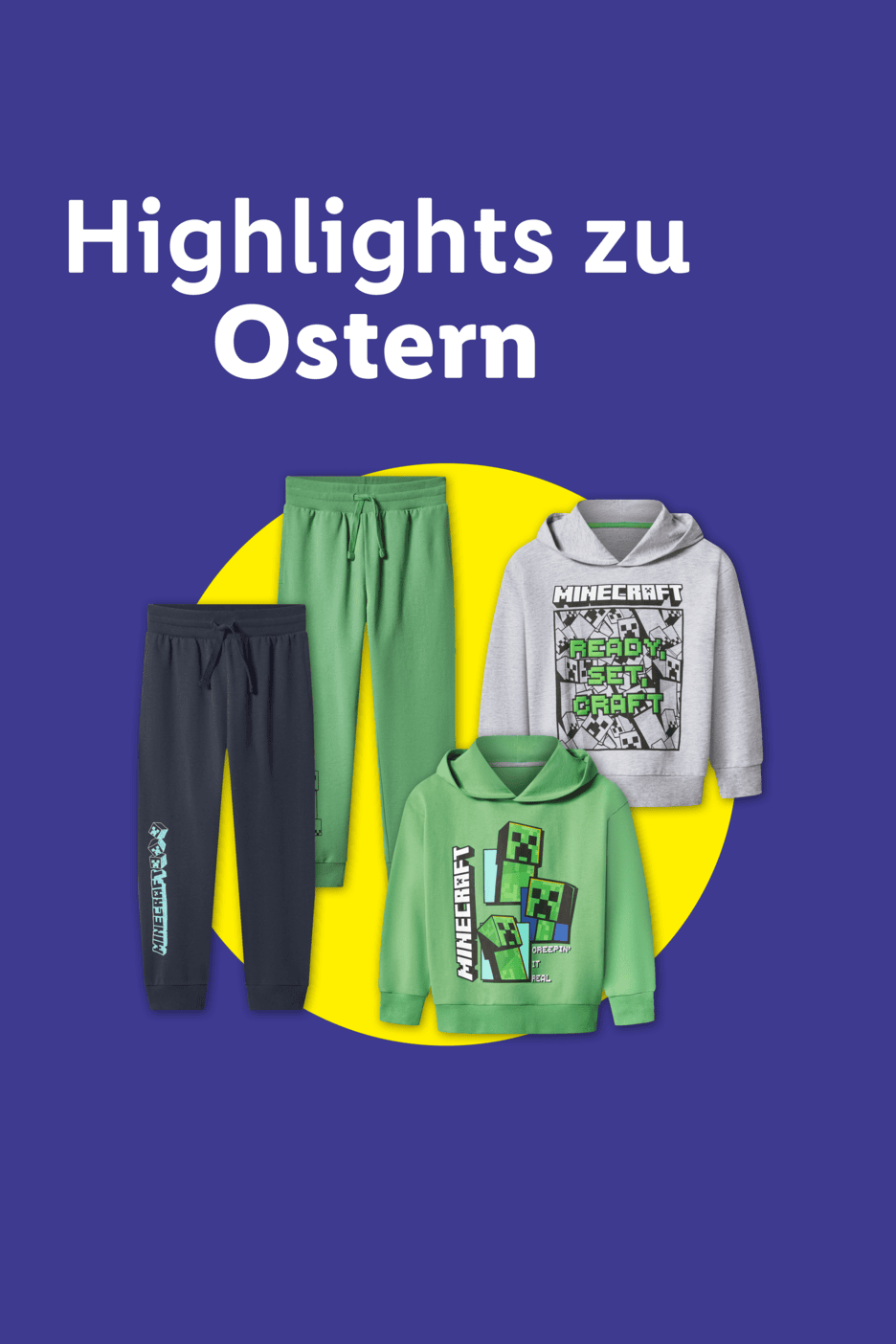 Highlights zu Ostern: Zwei grüne Jogginghosen und zwei Hoodies mit Minecraft-Motiven.