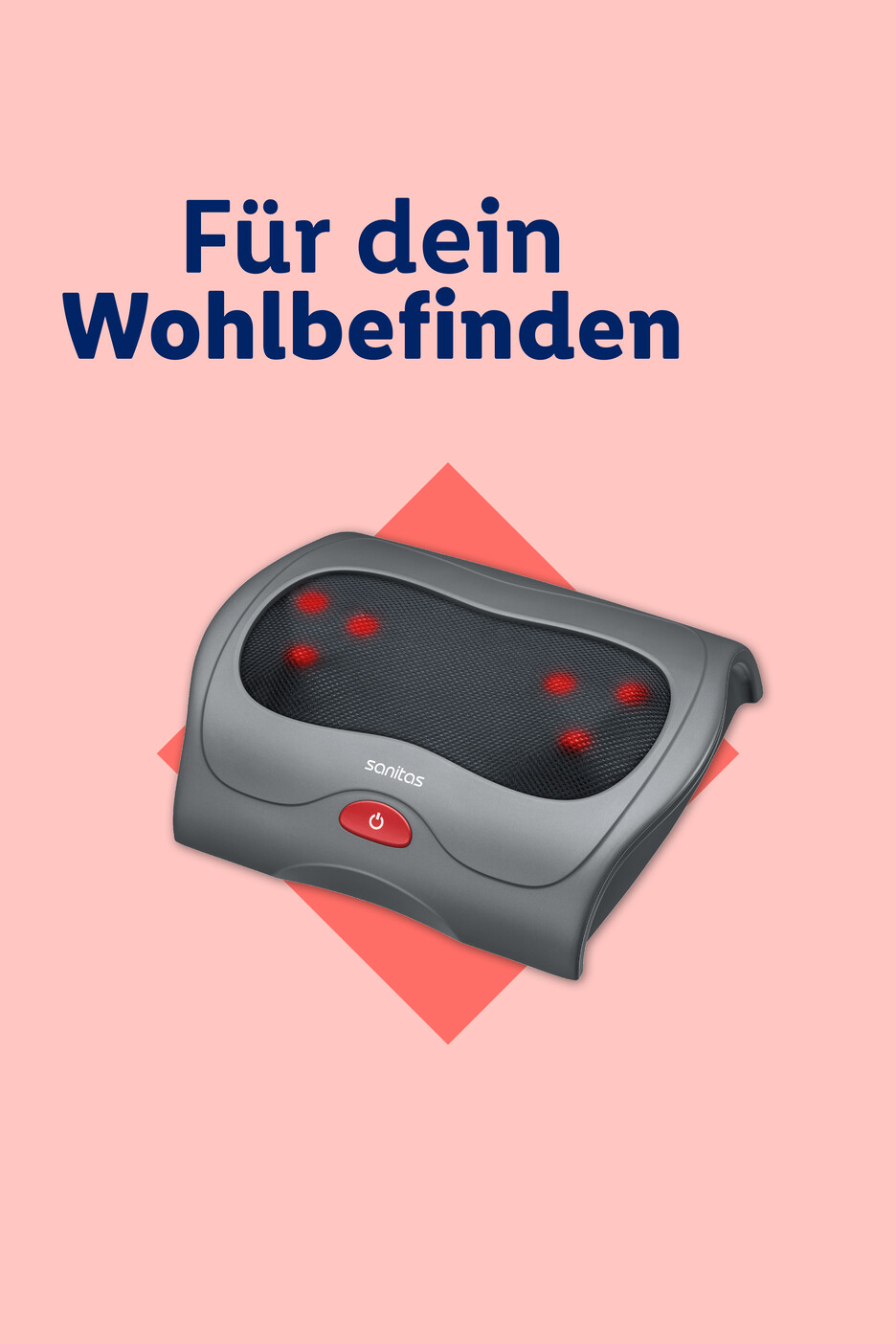 Sanitas Massagekissen mit rotem Power-Knopf und leuchtenden Massageköpfen auf rosa Hintergrund.
