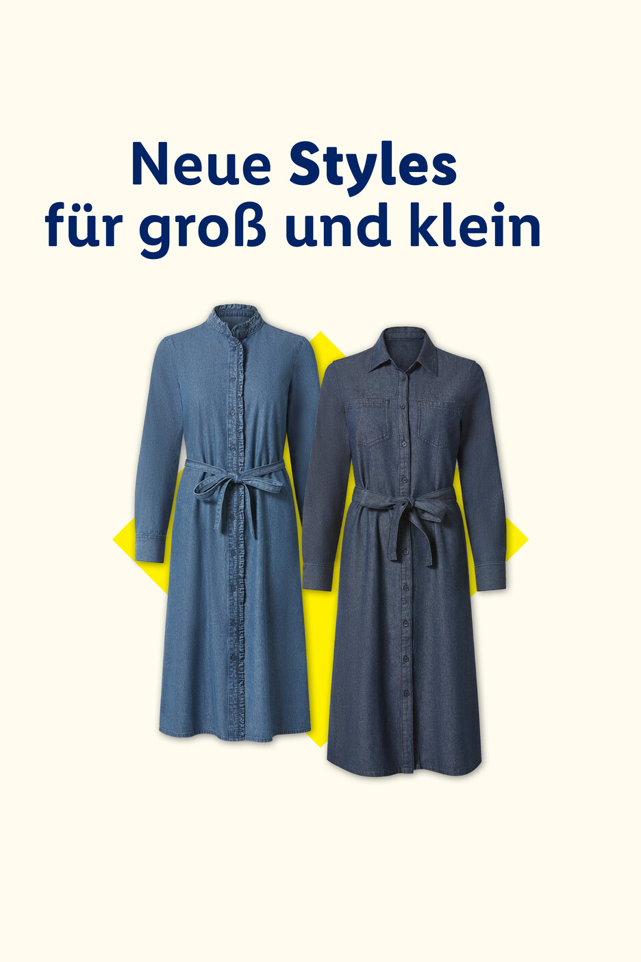 Zwei Jeanskleider in verschiedenen Blautönen mit dem Text 'Neue Styles für groß und klein'.