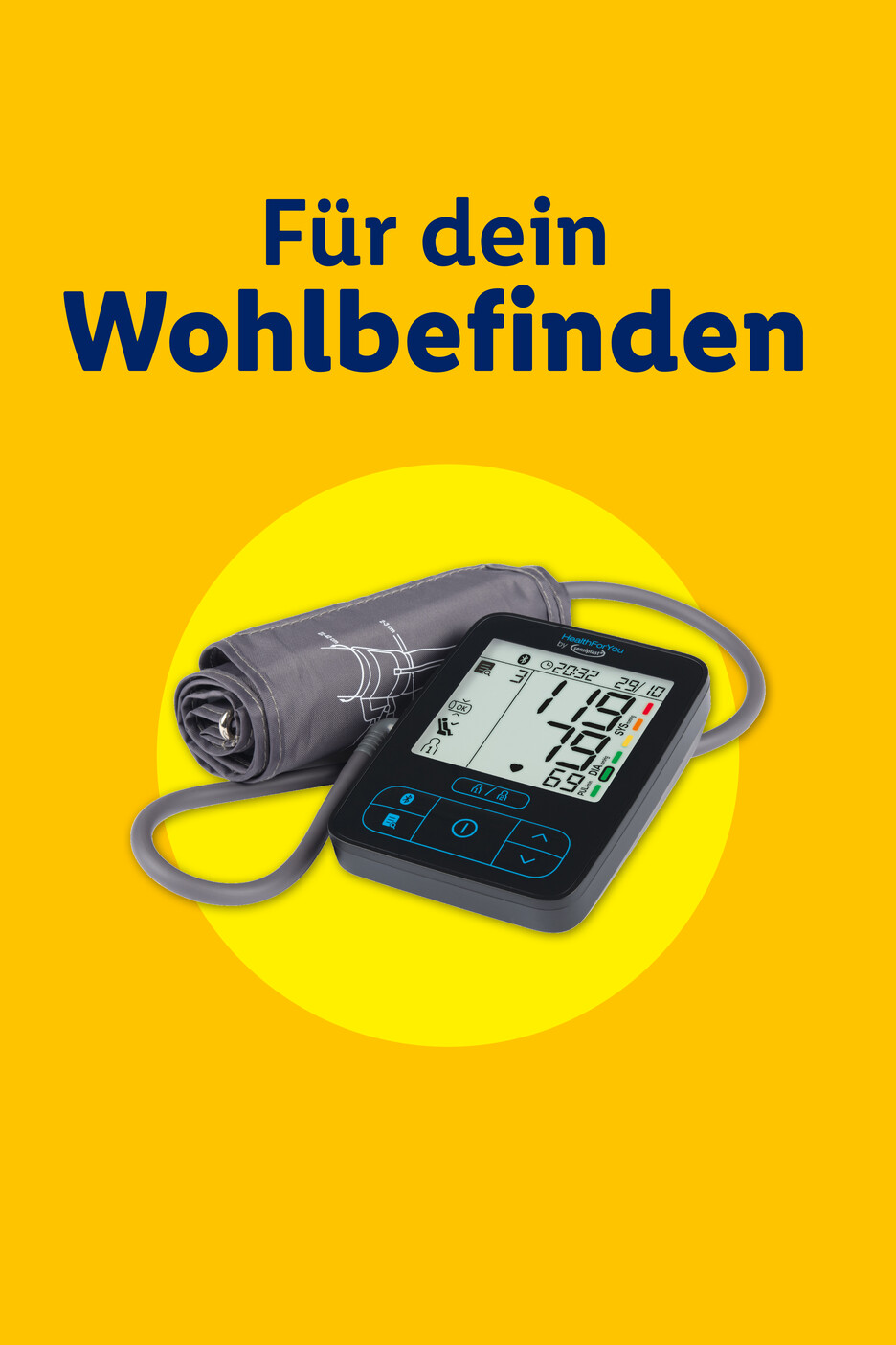 Blutdruckmessgerät mit Manschette und der Aufschrift 'Für dein Wohlbefinden'.
