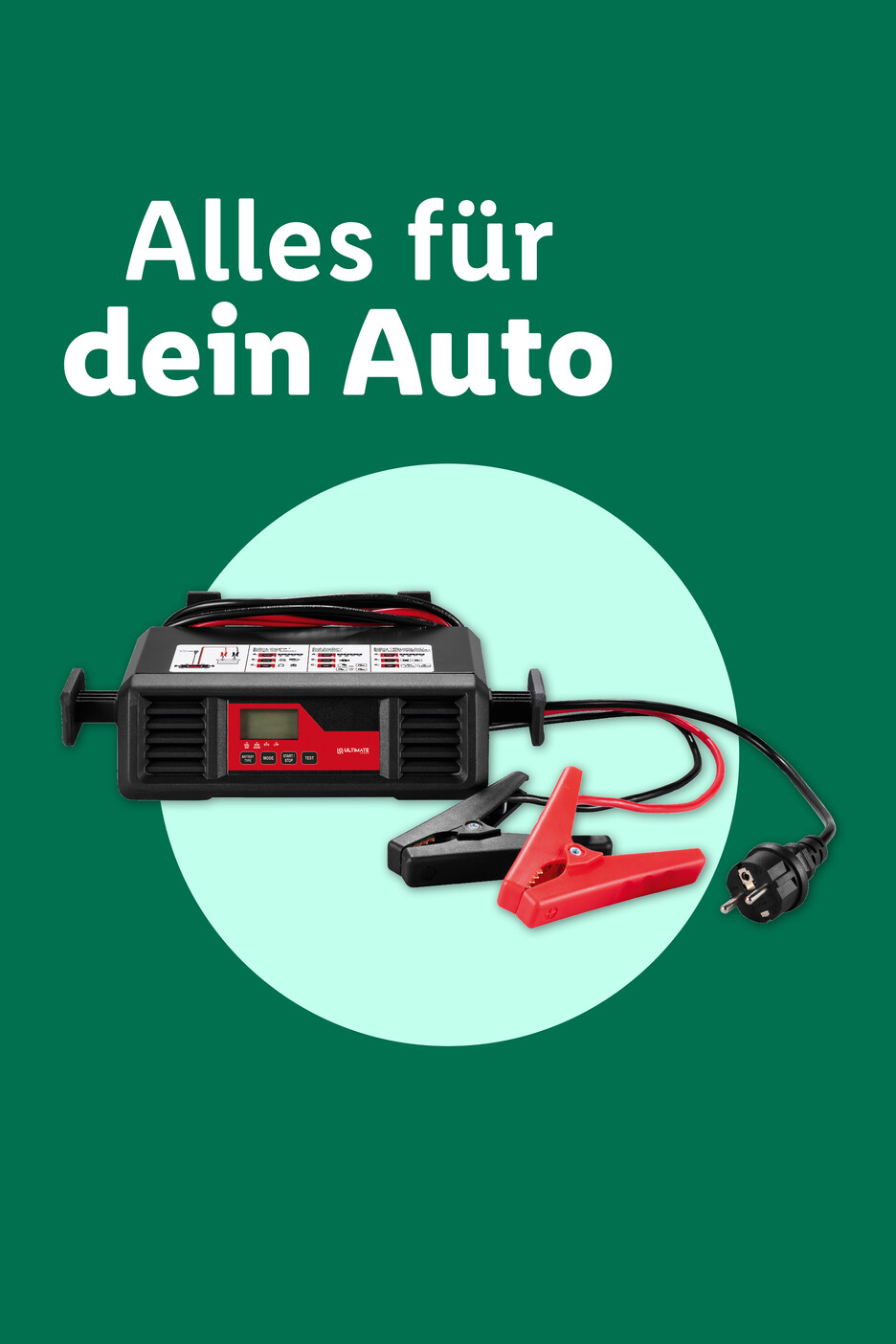 Batterieladegerät mit Klemmen und Stecker auf grünem Hintergrund mit Text „Alles für dein Auto“