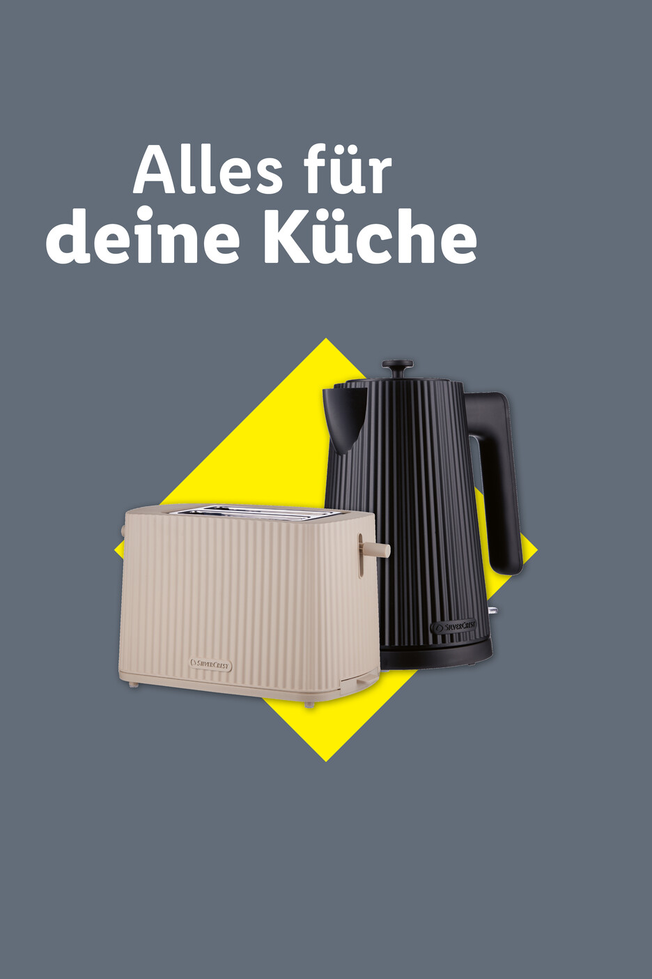 Alles für deine Küche: Toaster und Wasserkocher in Beige und Schwarz.