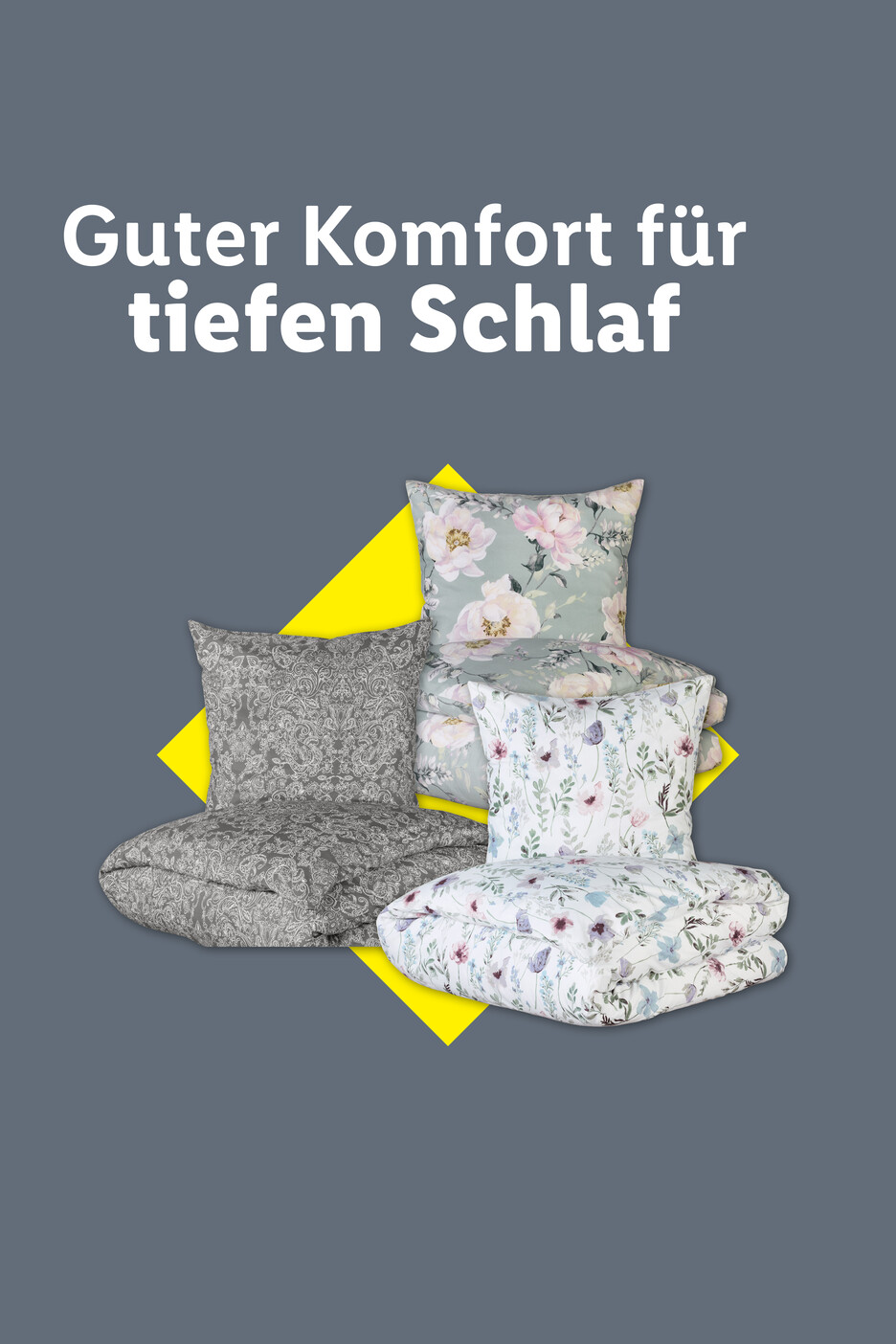Bettwäsche-Sets mit floralen und Paisley-Mustern. Text: Guter Komfort für tiefen Schlaf.