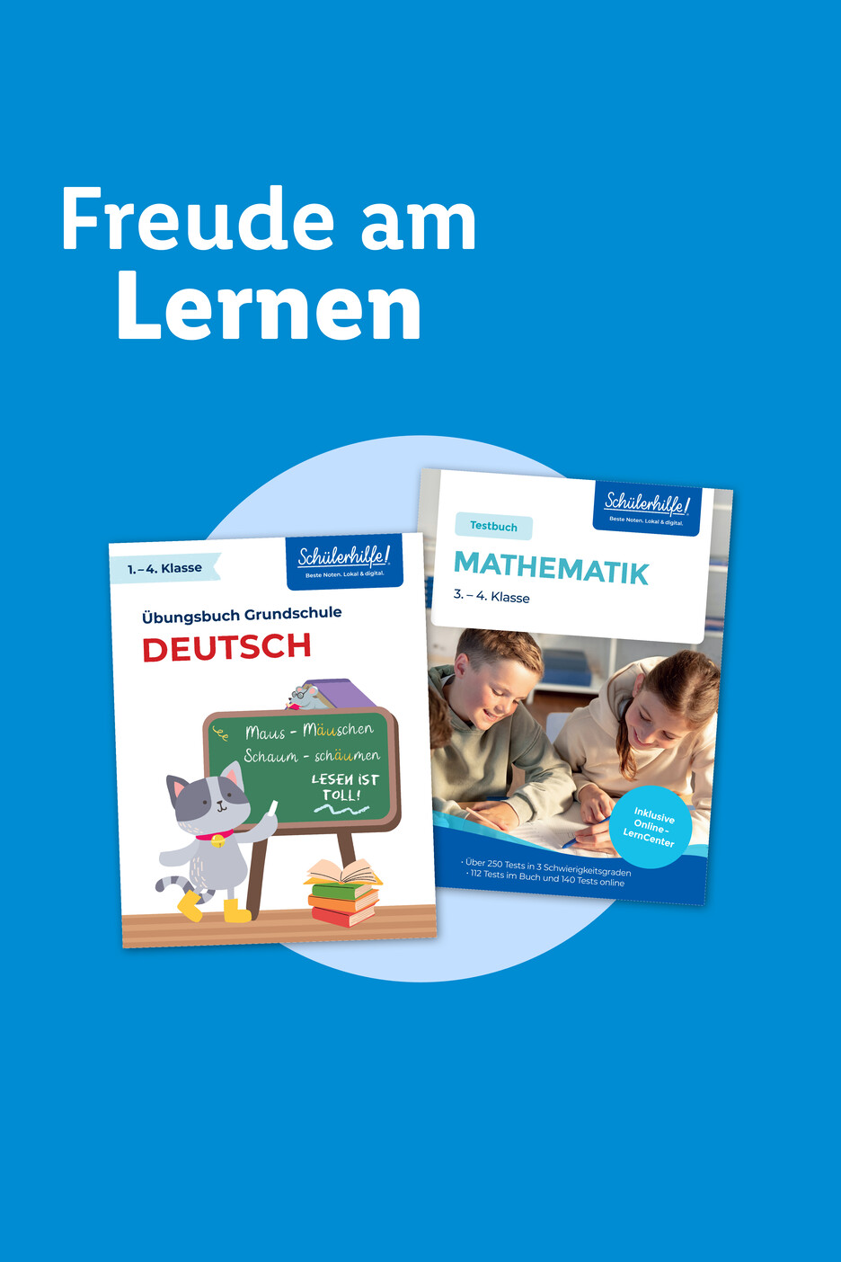 Schülerhilfe Übungsbücher für German und Mathematik mit dem Slogan 'Freude am Lernen'.