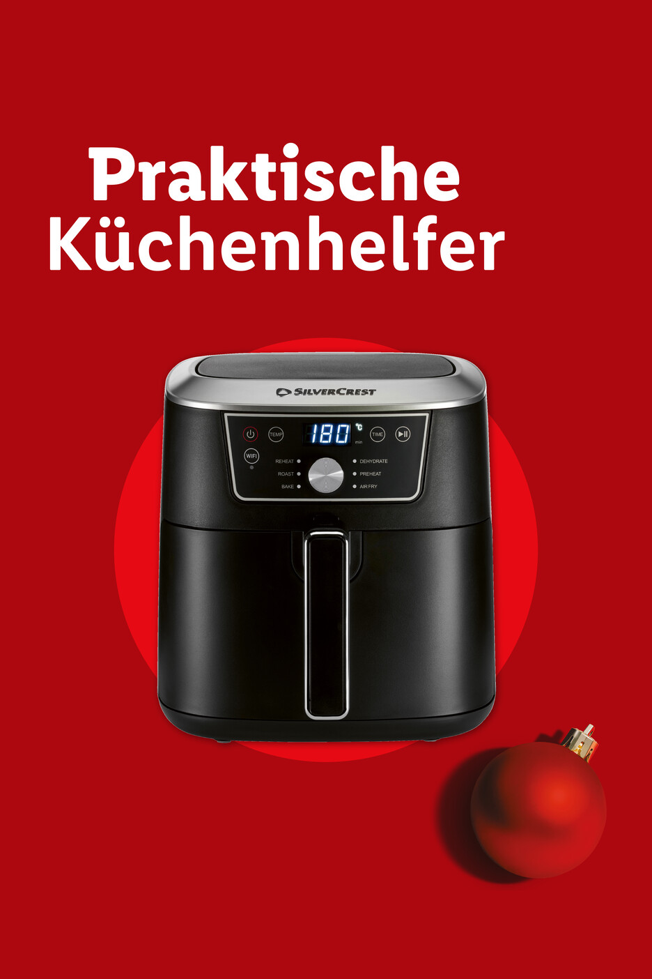 Silvercrest Heißluftfritteuse mit digitalem Display und Weihnachtsdeko auf rotem Hintergrund.