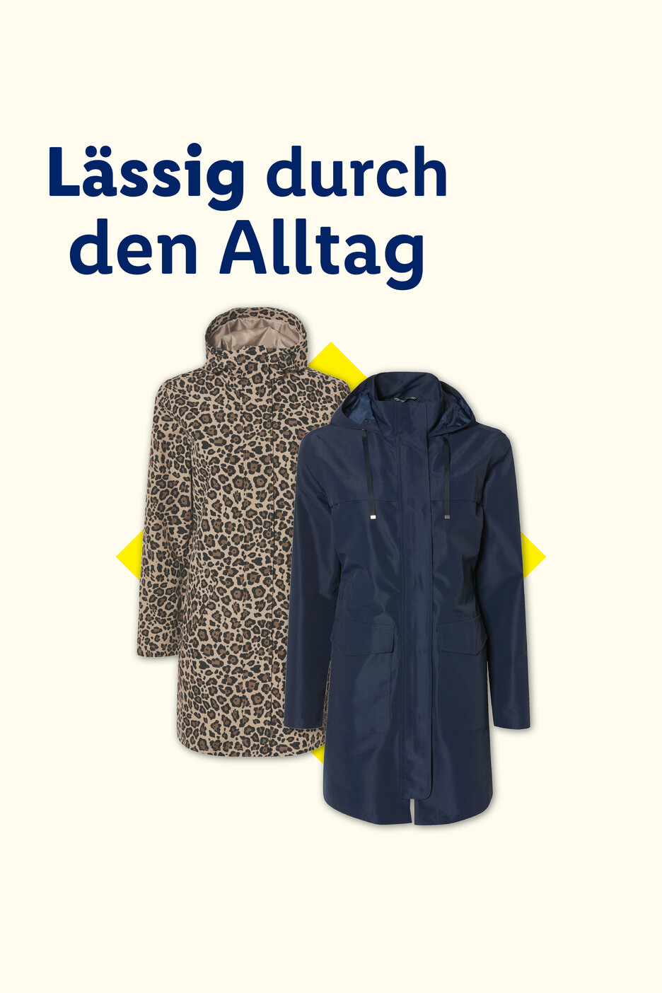 Zwei Mäntel, einer mit Leopardenmuster und einer in Dunkelblau, mit dem Text 'Lässig durch den Alltag'.