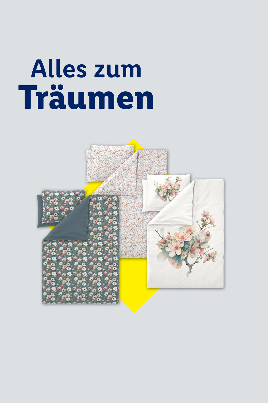 Bettwäsche-Sets mit Blumenmustern und dem Text „Alles zum Träumen“.