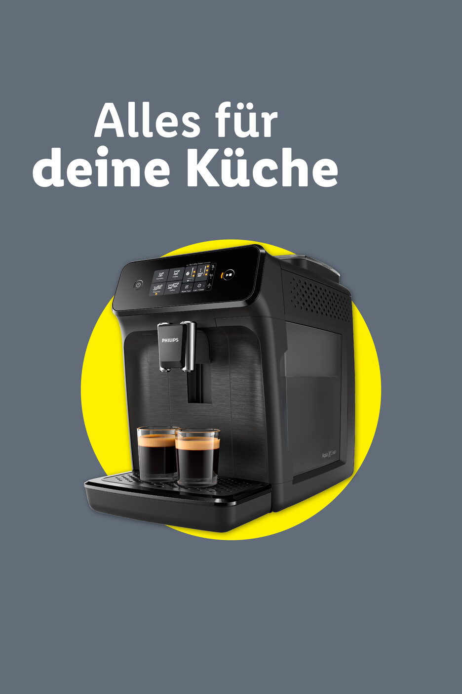 Kaffeemaschine mit zwei Tassen Kaffee, umgeben von einem gelben Kreis, mit dem Text „Alles für deine Küche“.