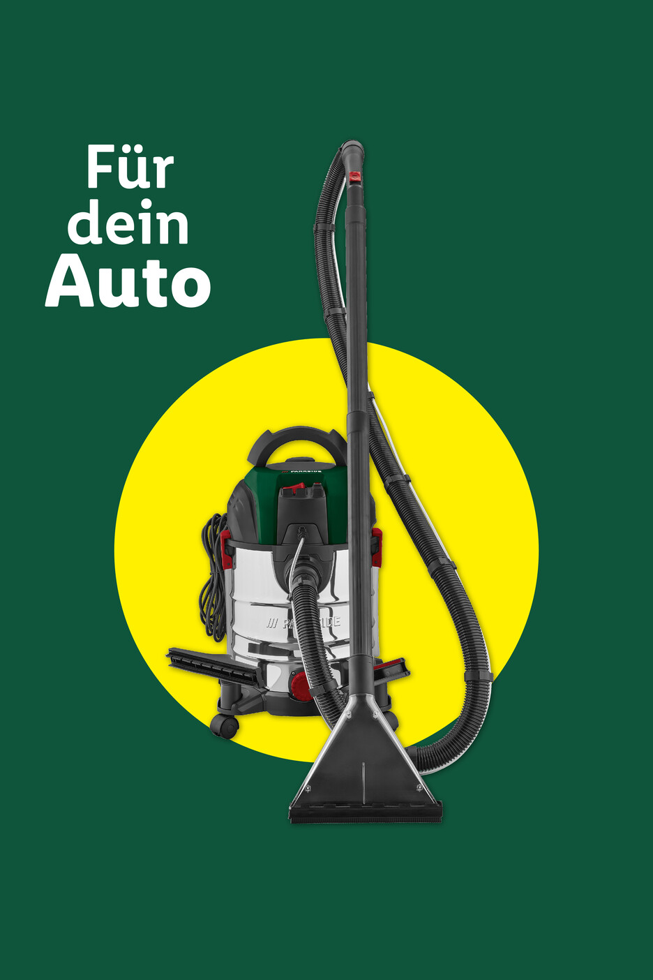 Nass- und Trockensauger mit Zubehör für die Autoreinigung auf grünem Hintergrund mit gelbem Kreis.