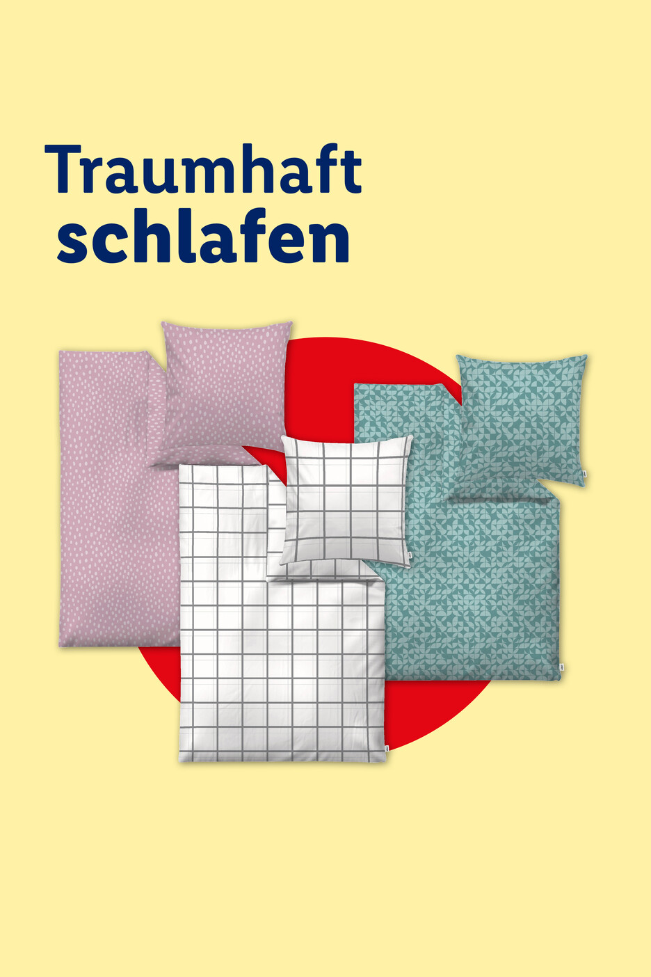 Bettwäsche-Sets in Rosa, Weiß und Türkis mit Mustern. Text: Traumhaft schlafen.