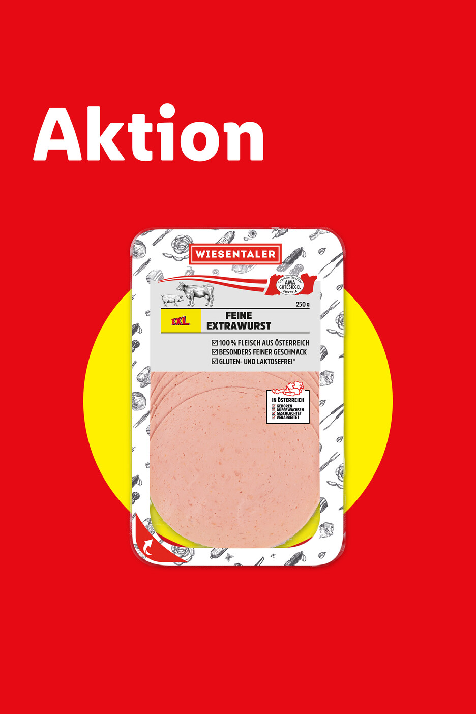 Rote Aktionsfläche mit einer Packung feiner Extrawurst, die zu 100% aus österreichischem Fleisch besteht.