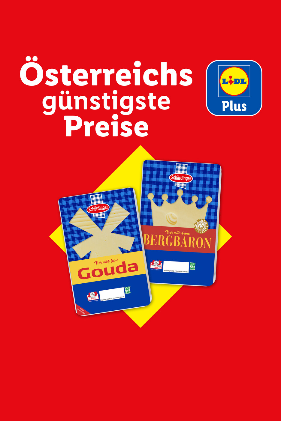 Lidl Plus App mit Schärdinger Gouda und Bergbaron Käse auf rot-gelbem Hintergrund.