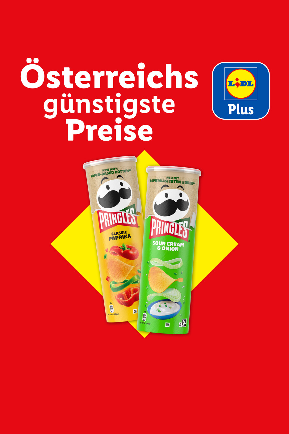 Lidl Österreichs günstigste Preise mit Pringles Classic Paprika und Sour Cream & Onion.