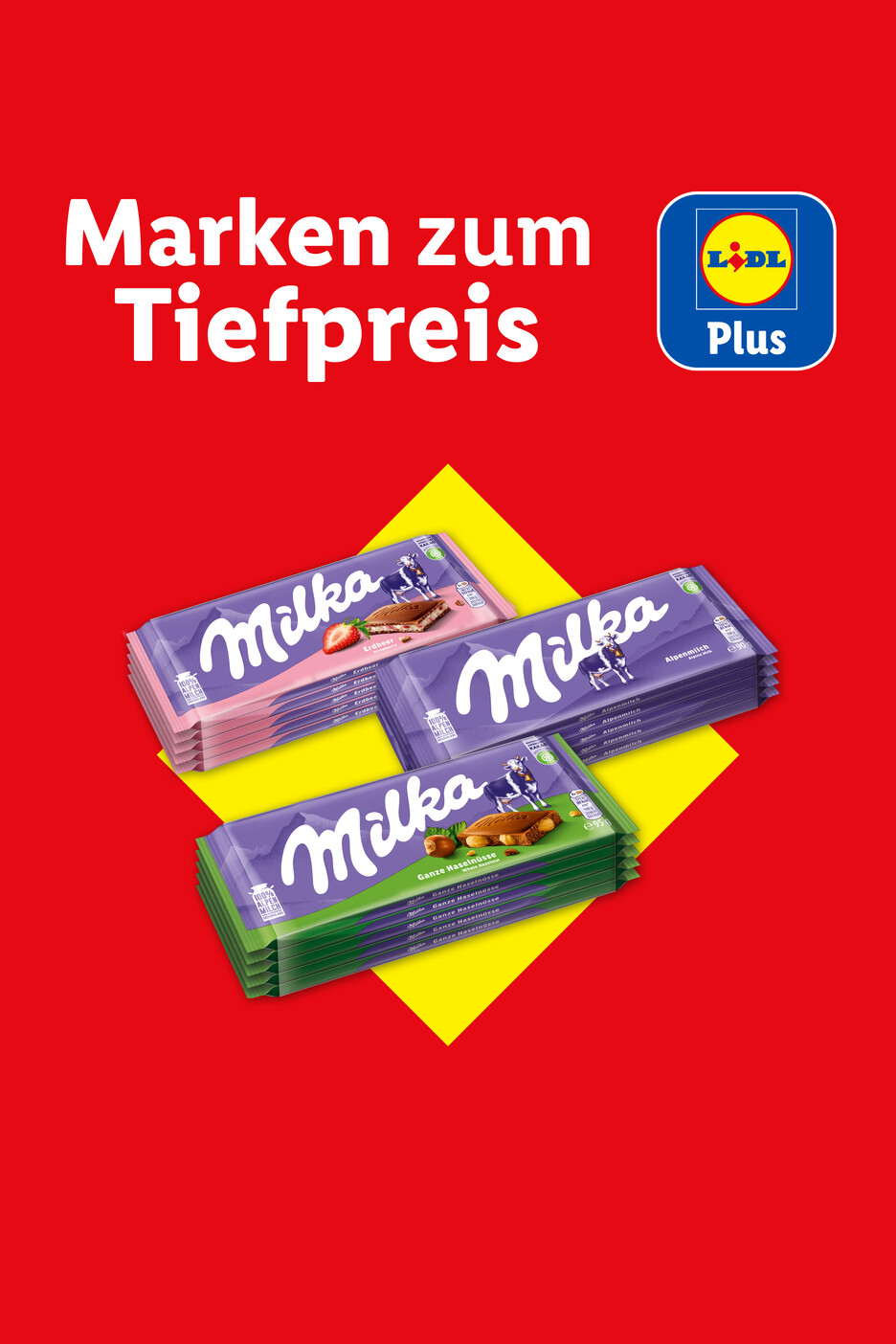 Milka Schokoladentafeln in verschiedenen Sorten, beworben als Marken zum Tiefpreis bei Lidl Plus.