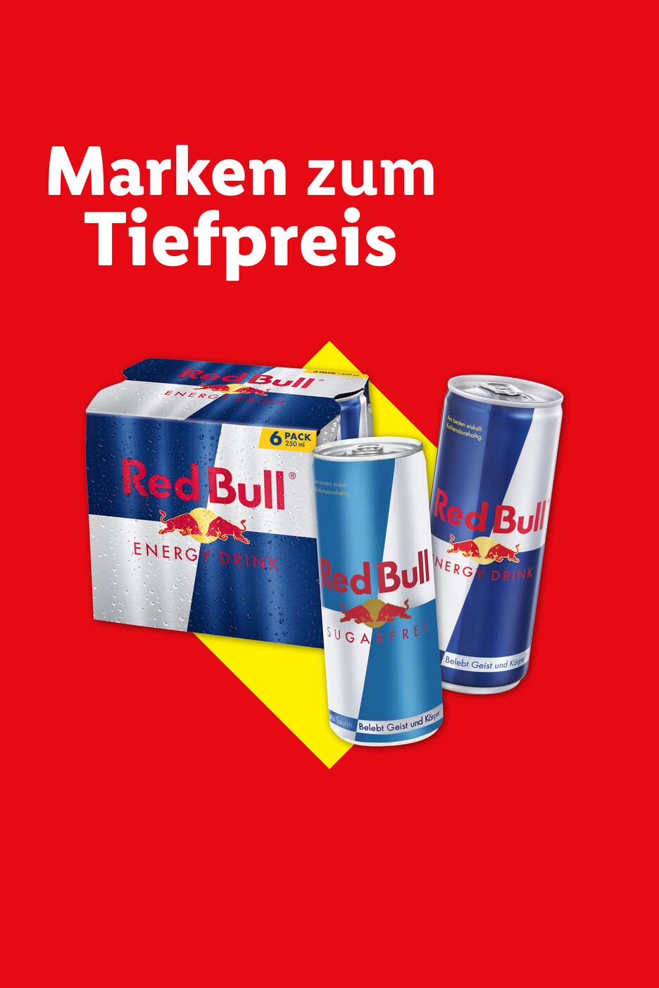Red Bull Energy Drinks und Sugarfree im 6er-Pack und einzelnen Dosen auf rotem Hintergrund mit gelbem Akzent, beworben als „Marken zum Tiefpreis“.