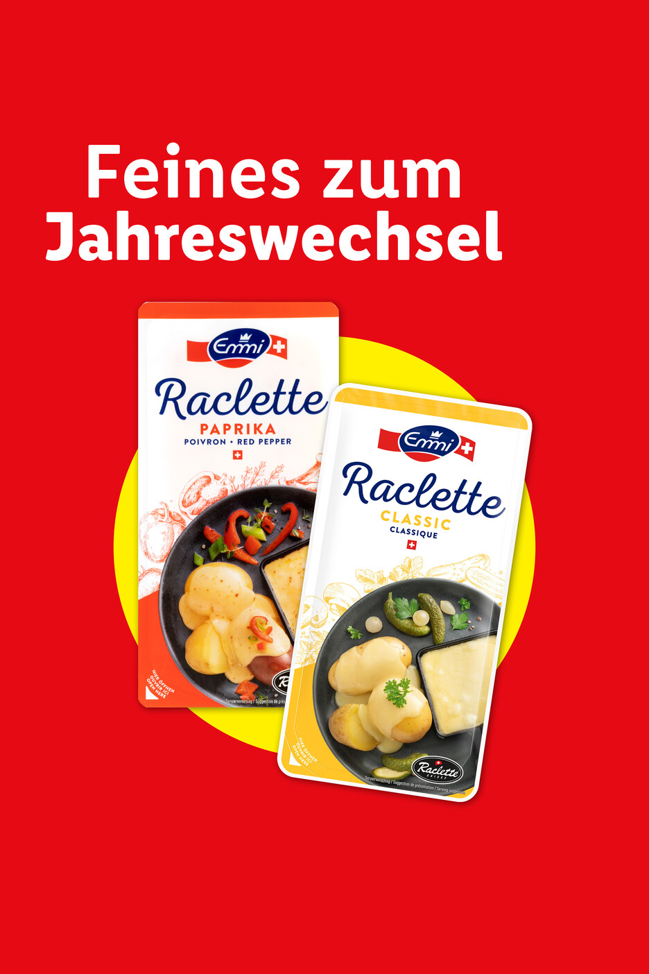 Emmi Raclette Paprika und Classic Käsepackungen mit dem Text „Feines zum Jahreswechsel“.