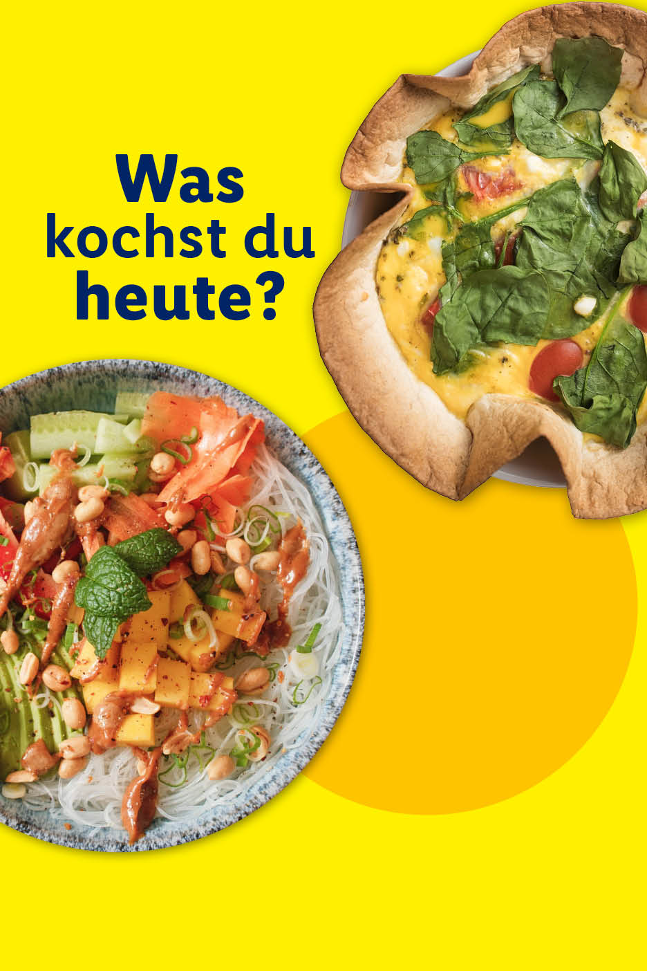 Zwei Gerichte: eine Quiche mit Spinat und Tomaten und ein Nudelsalat mit Mango und Erdnüssen. Text: Was kochst du heute?