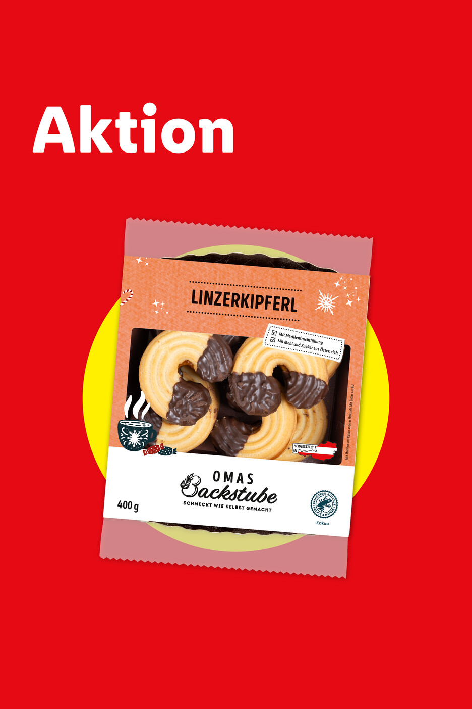 Packung Omas Backstube Linzerkipferl mit Marillenfruchtfüllung und Schokolade