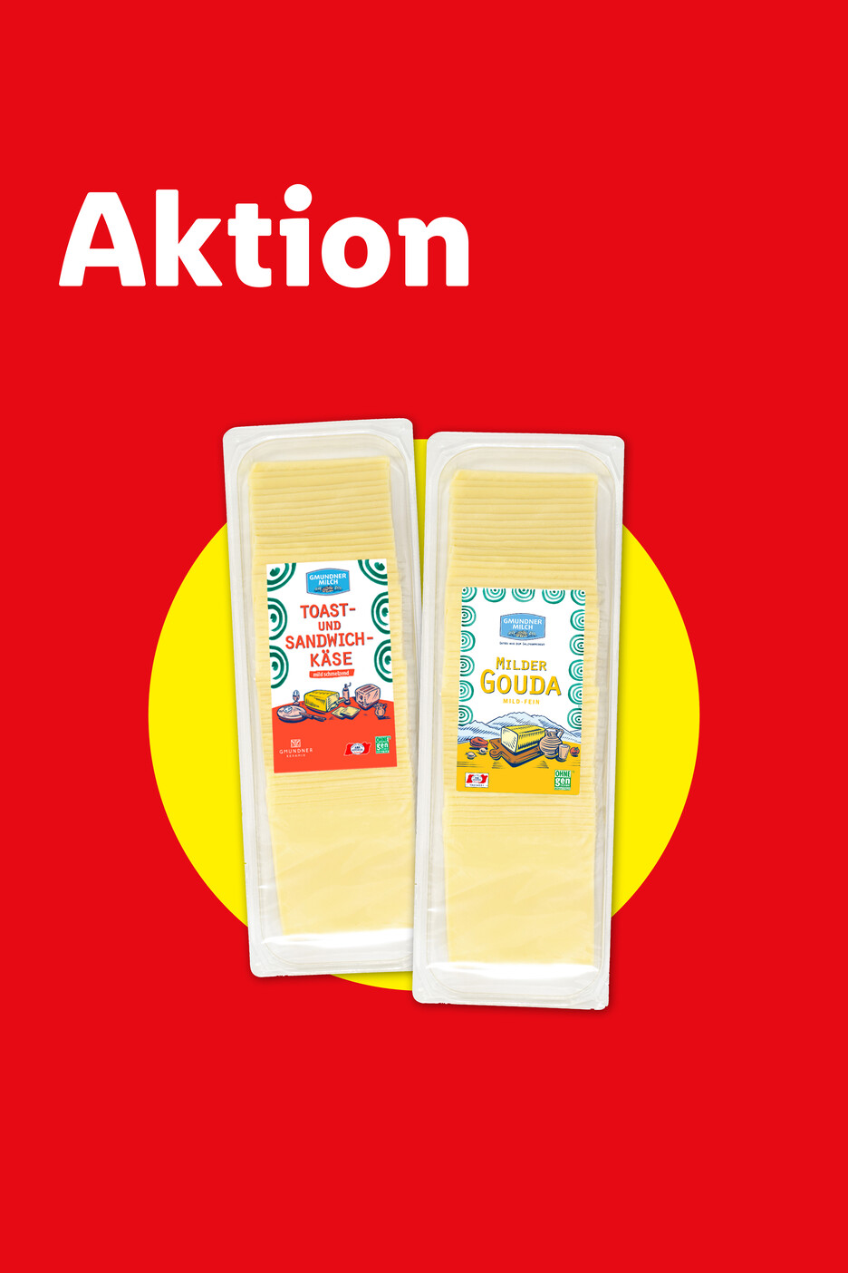Aktion: Zwei Packungen Käsescheiben, Toast- und Sandwich-Käse und milder Gouda.