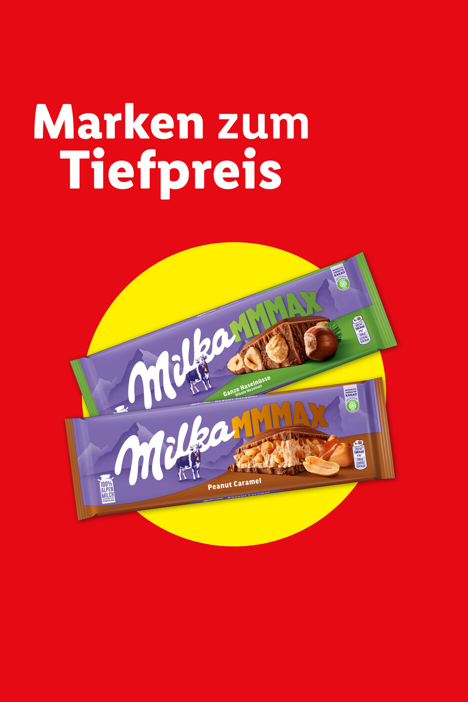Zwei Schokoladentafeln mit Haselnüssen und Erdnuss-Karamell auf rotem Hintergrund mit der Aufschrift „Marken zum Tiefpreis“.
