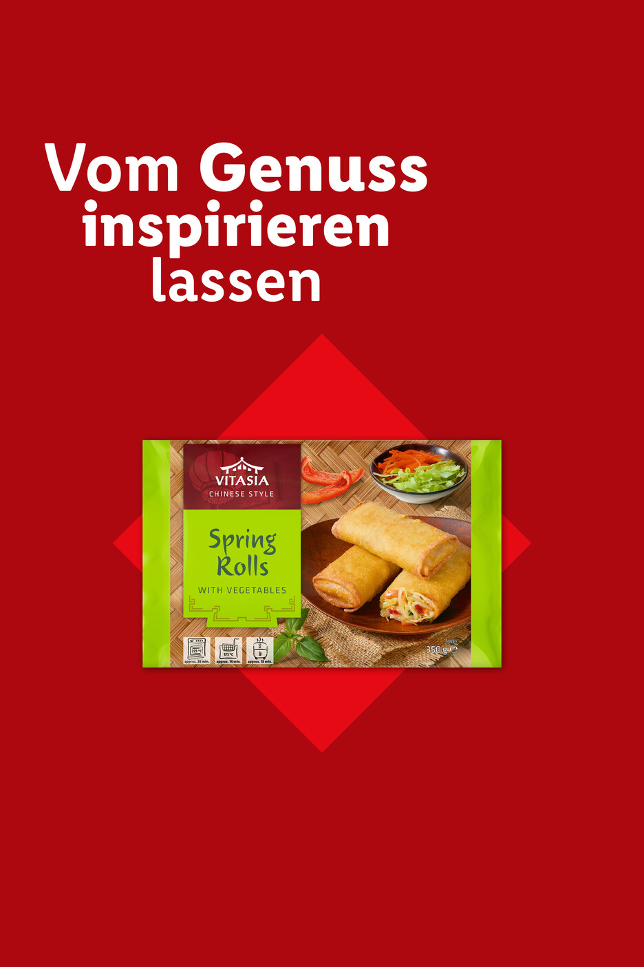 Vitasia Frühlingsrollen mit Gemüse auf rotem Hintergrund mit dem Text 'Vom Genuss inspirieren lassen'.