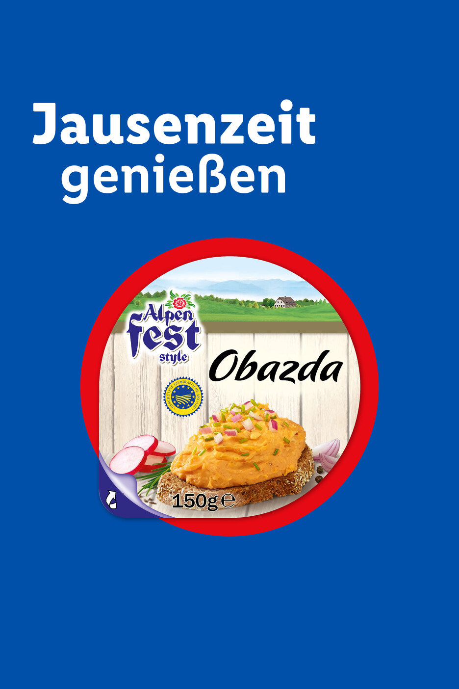 Alpenfest Obazda Brotaufstrich auf Brot mit Radieschen und Zwiebeln, 150g Packung.