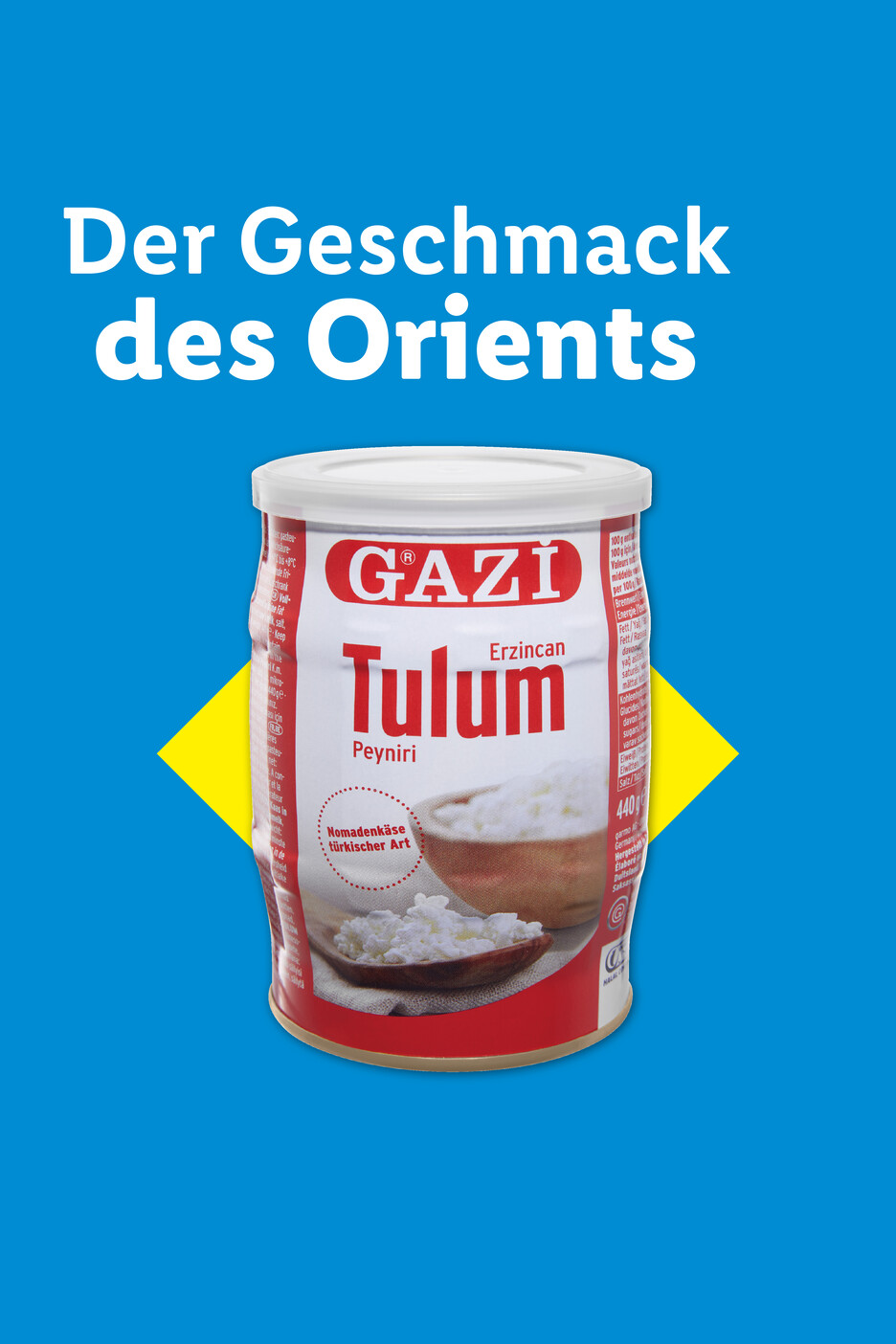 Eine Dose türkischen Nomadenkäses mit der Aufschrift „Der Geschmack des Orients“.