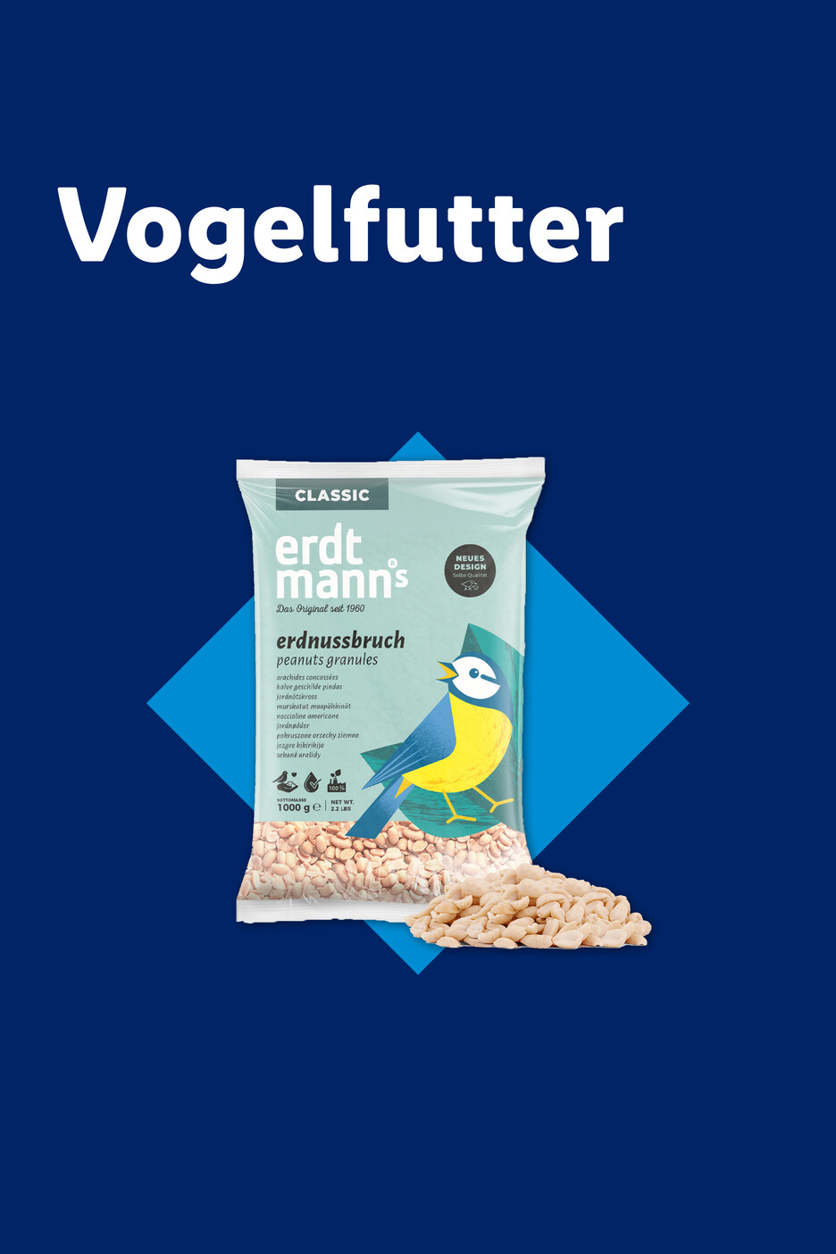 Vogelfutter von Erdtmann's: Erdnussbruch in einer 1000g Packung mit einem Vogelmotiv.