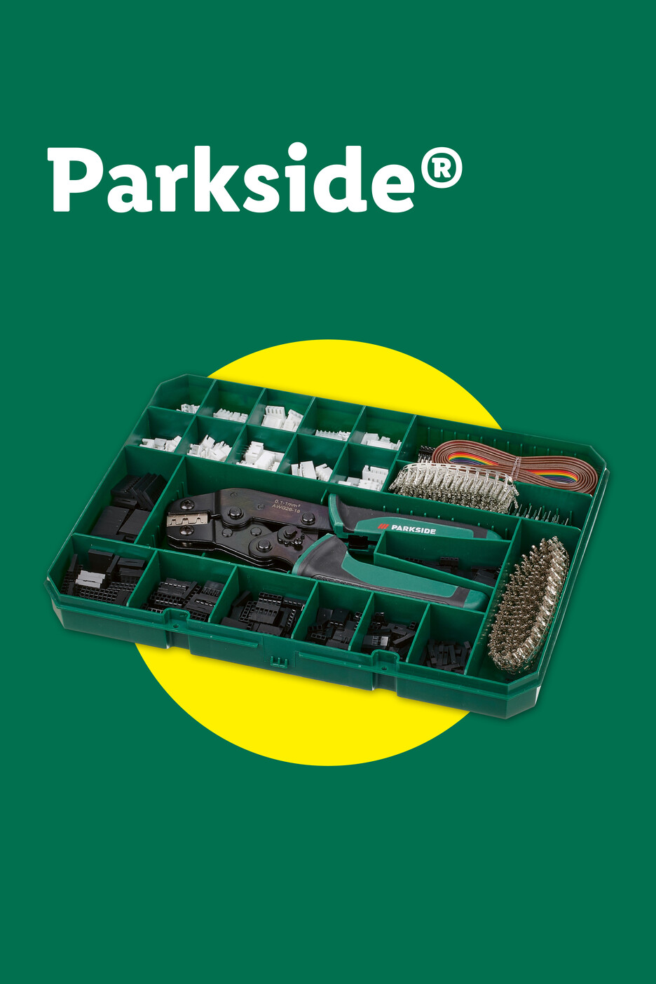 Parkside Crimpzangen-Set mit verschiedenen Steckern, Kabeln und Zubehör in einer Box