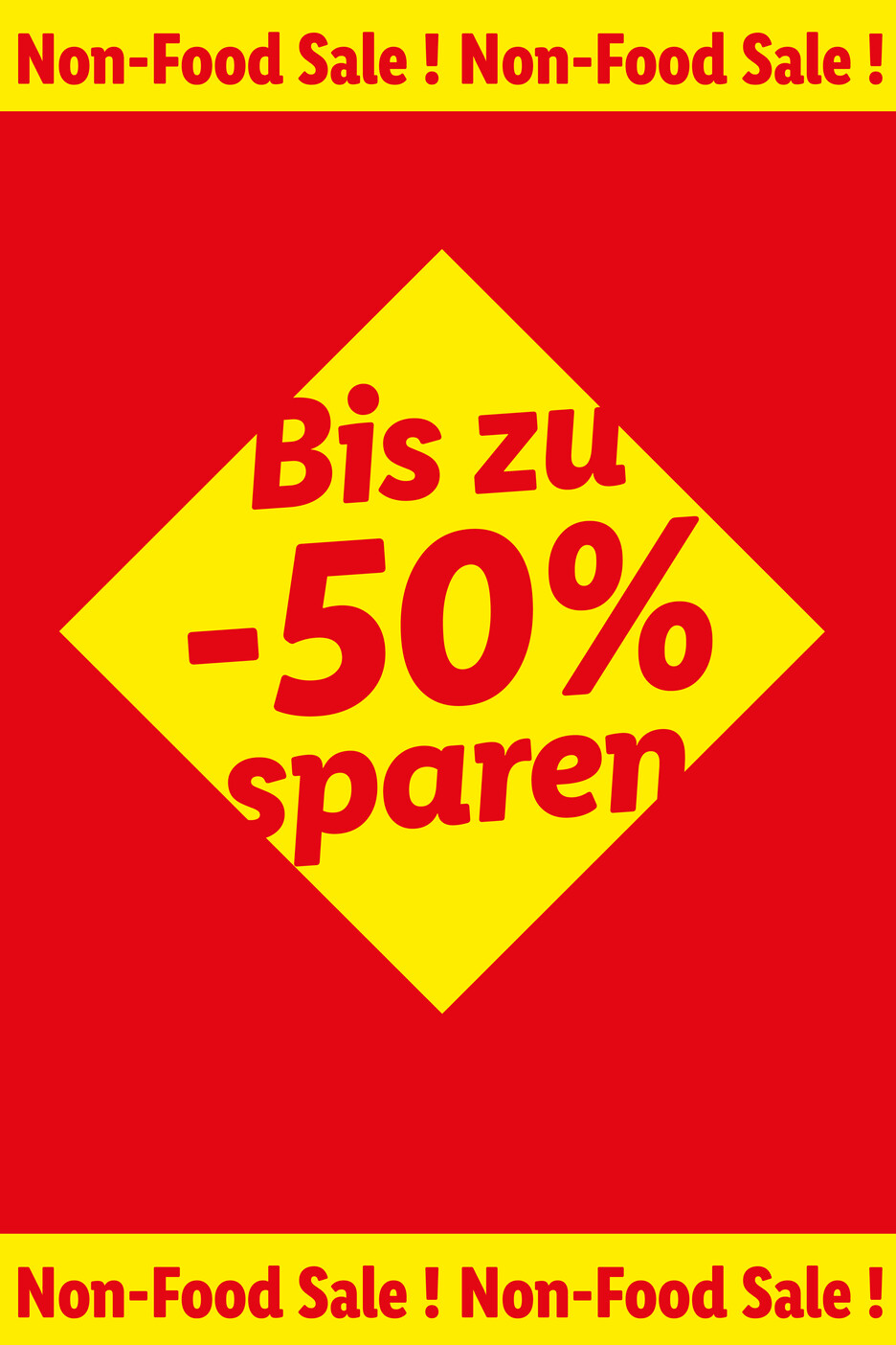 Roter Hintergrund mit gelbem Rhombus, der „Bis zu -50% sparen“ für einen Non-Food Sale anzeigt.