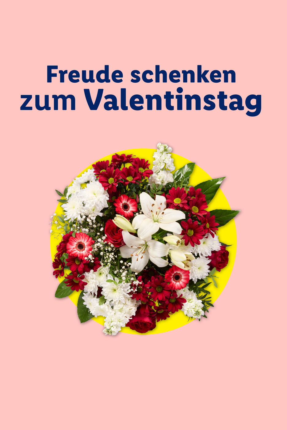 Blumenstrauß mit roten und weißen Blumen auf gelbem Kreis, Text: Freude schenken zum Valentinstag