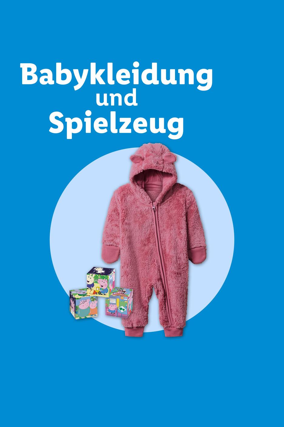 Babykleidung und Spielzeug: Rosa Fleece-Overall mit Kapuze und Peppa Wutz-Würfelspielen.