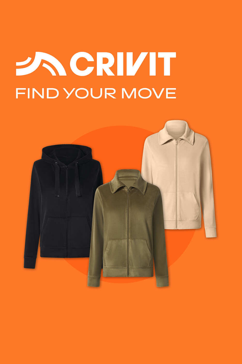 Drei Fleecejacken in Schwarz, Olivgrün und Beige mit dem Text „FIND YOUR MOVE“.