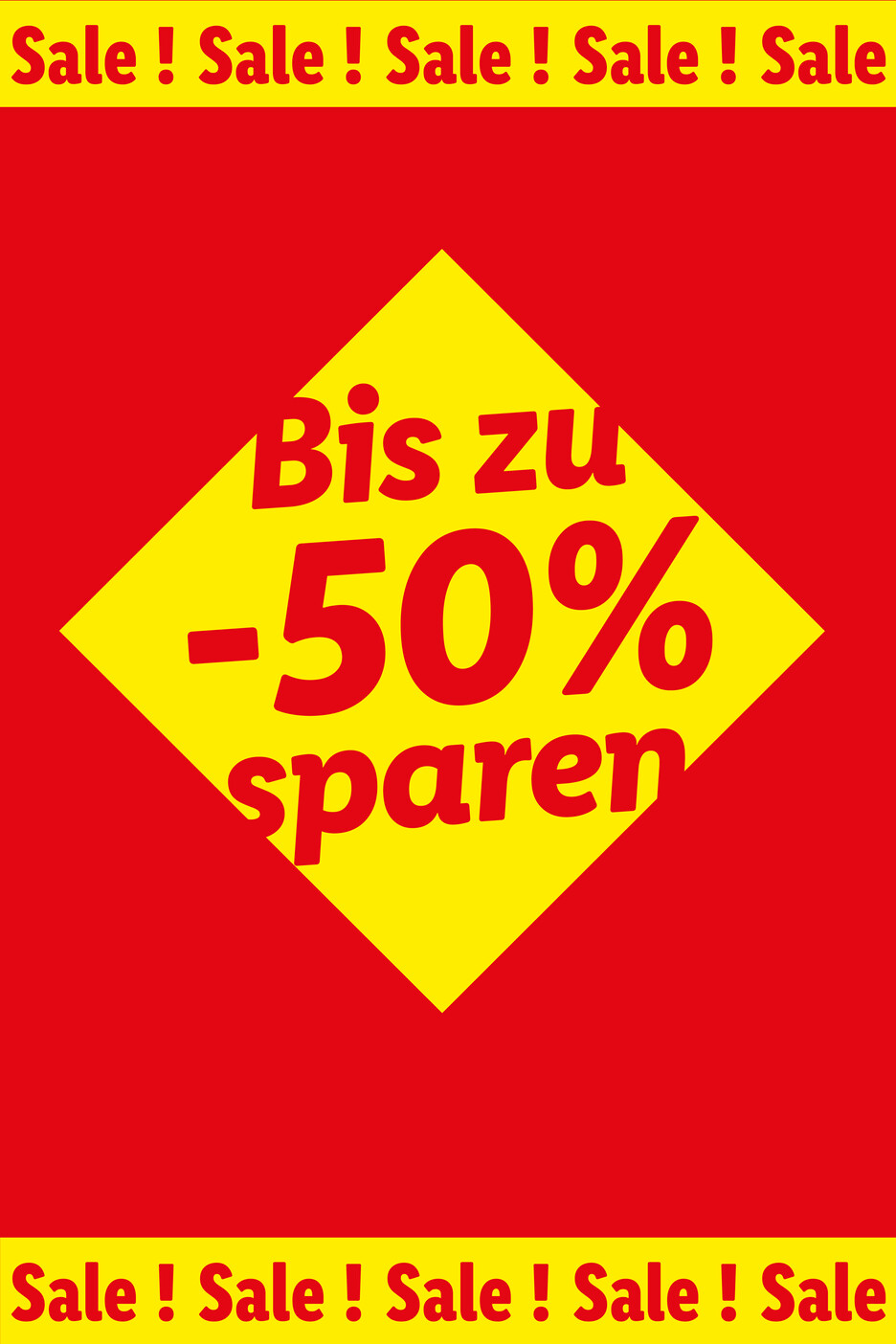 Sale-Anzeige mit bis zu 50% Rabatt auf Produkte.