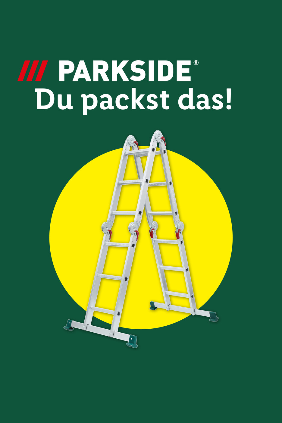 PARKSIDE Logo und Slogan 'Du packst das!' über einer Mehrzweckleiter auf gelbem Kreis.