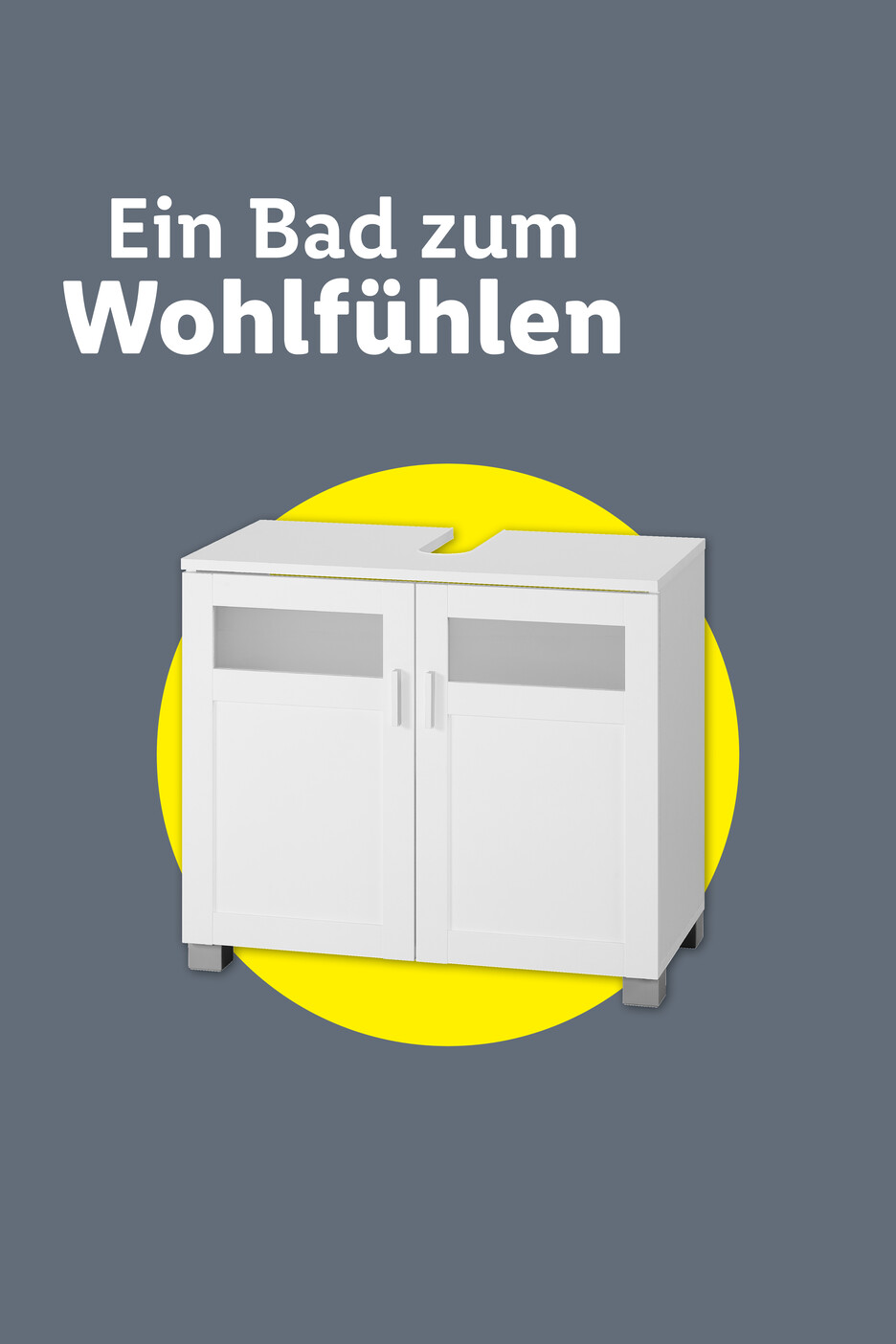 Weißer Badunterschrank mit zwei Türen und Aussparung für ein Waschbecken, auf grauem Hintergrund mit gelbem Kreis.