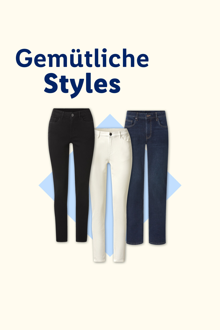 Drei bequeme Jeans in Schwarz, Weiß und Dunkelblau mit dem Text „Gemütliche Styles“.