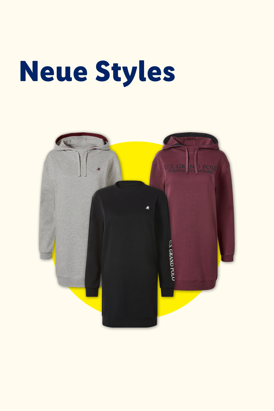 Drei lange Sweatshirts in Grau, Schwarz und Bordeauxrot mit der Aufschrift „Neue Styles“.